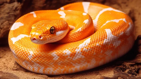Coiled orange albino python rests on warm textured desert sand