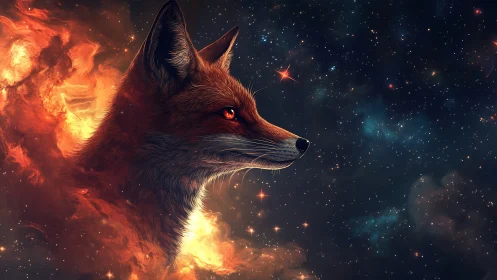 Stellar ember fox drifting through a wildfire galaxy dream.