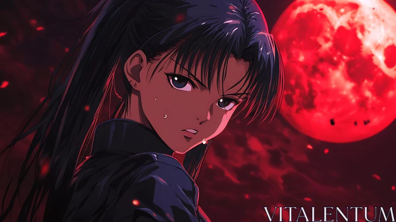 Anime warrior under blood moon with intense red sky.
