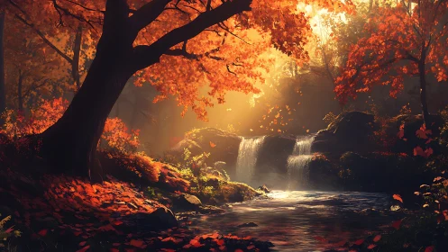Digital forest stream scene shows waterfall under autumn foliage