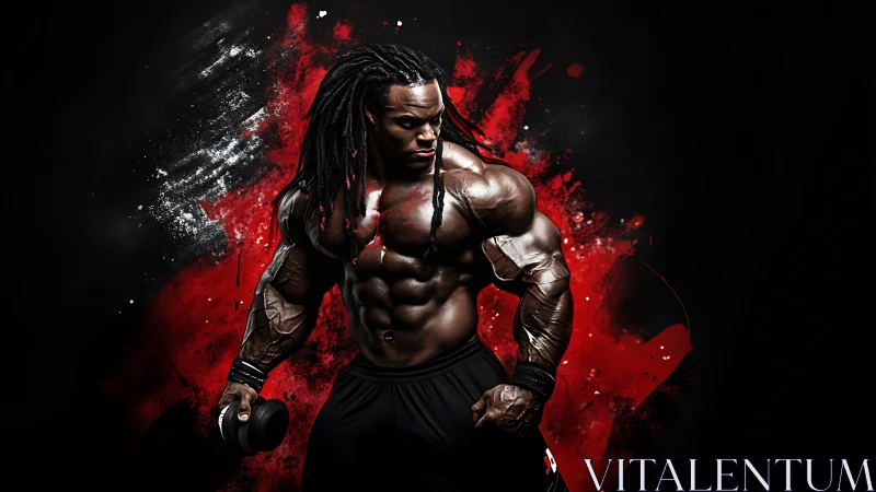 Powerful bodybuilder framed by bold red energy strokes.