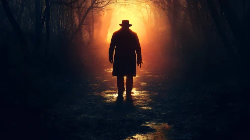 Lone figure in dark forest path against bright sunset glow.