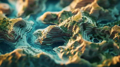 Layered 3D terrain model depicts eroded mountains and water