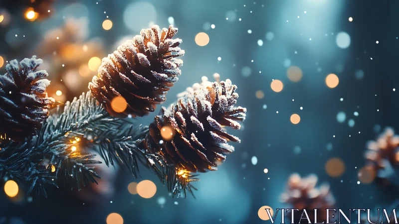 Snow dusted pine cones on lit evergreen branch at night