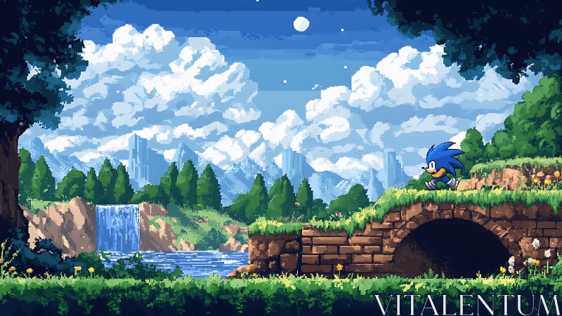 Pixel art landscape with running hedgehog on stone bridge.