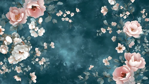 Pink Peonies and White Blooms Dance Across Deep Teal Canvas
