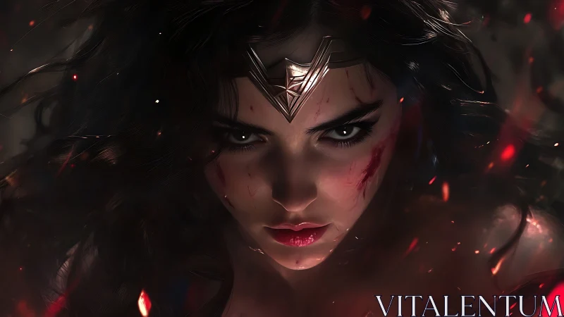 Battle-scarred warrior princess glares through ember storm.