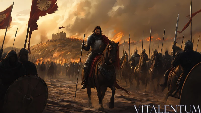 Armored cavalry commander leading medieval siege at burning keep