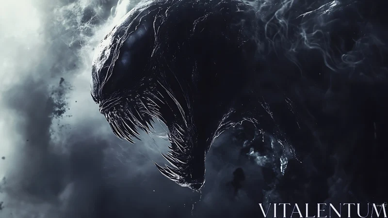 Brooding shadow creature emerging from swirling midnight mist.