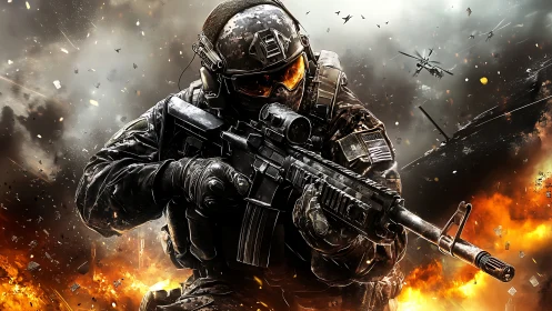 Armored assault trooper amid cinematic urban firestorm.