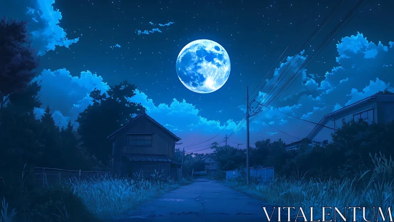 Midnight moon drifts above a quiet blue suburban lane
