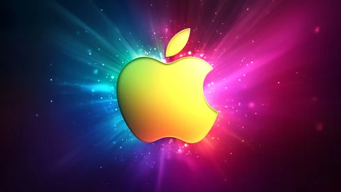 Colorful glowing apple logo on radiant space background.