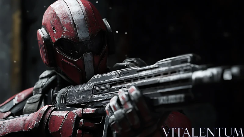 Armored sci fi soldier aims rifle in tense combat standoff.