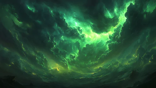 Emerald storm clouds devour horizon above darkened sea.