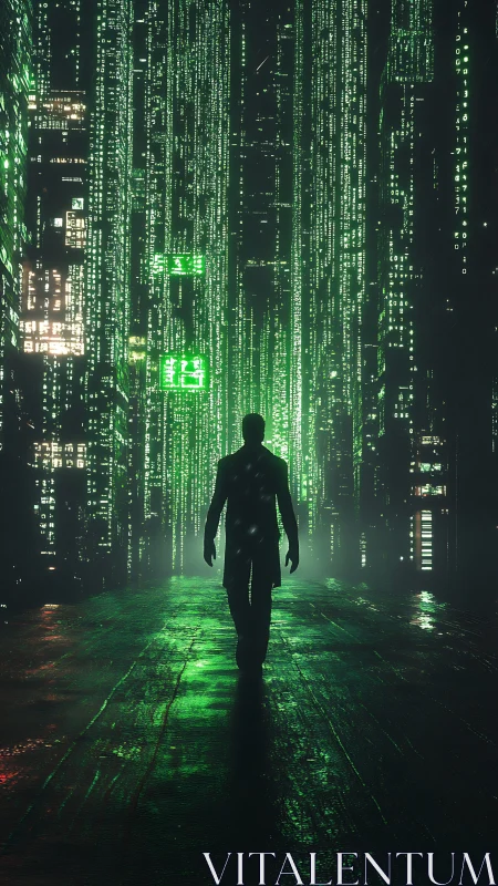 Solitary walker entering a glowing green data corridor.