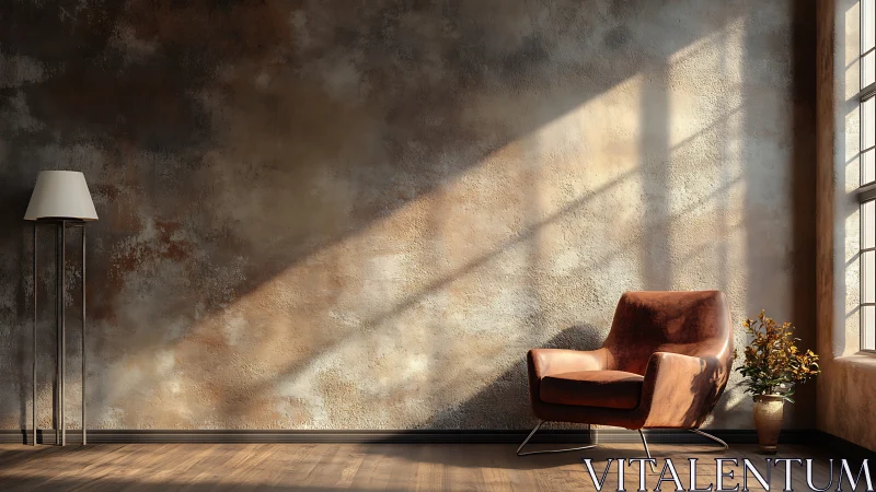 Sunlit leather armchair rests in a warm minimalist corner.