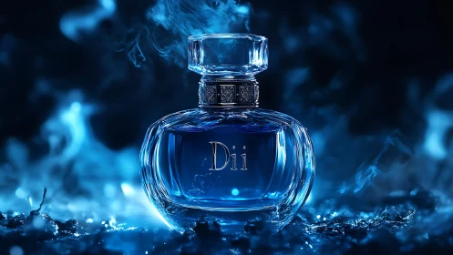 Perfume Bottle with Blue Luminescent Background