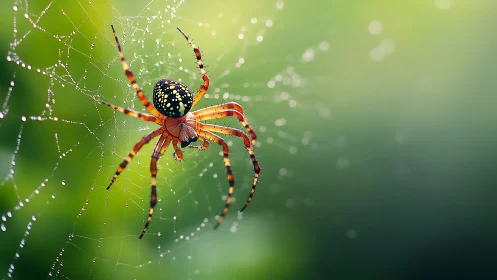 Colorful orb-weaver spider on dew-covered web at sunrise.