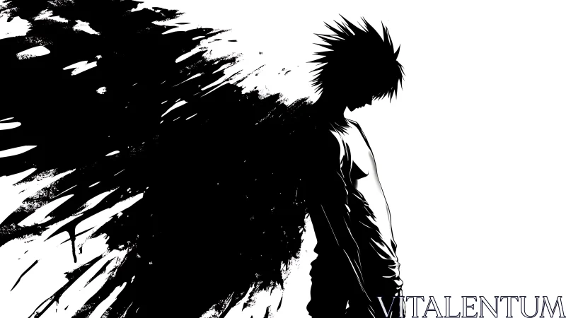 Shadowed anime figure dissolves into abstract black ink