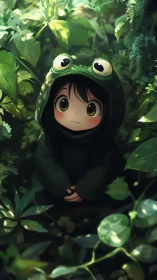 Child in frog hoodie gazes upward amid diffuse forest light