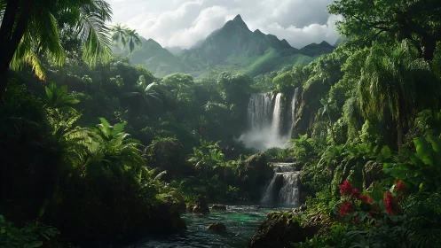 Lush tropical valley renders multi-tier waterfall in misty light