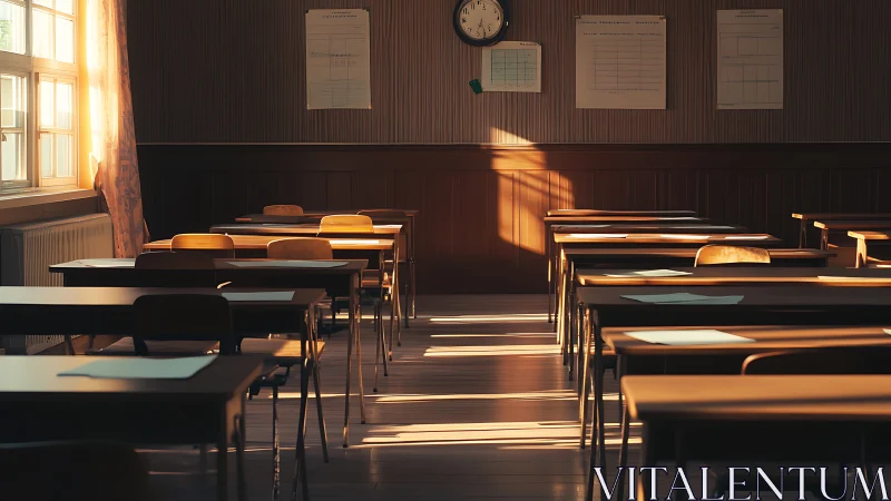 Empty classroom waits in warm afternoon exam light