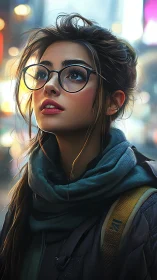 Young woman with glasses in city lights at night portrait.