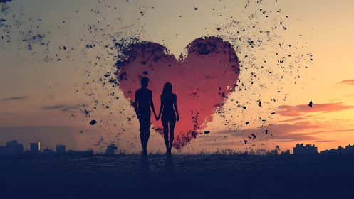 Couple silhouettes dissolving into heart-shaped particle burst.