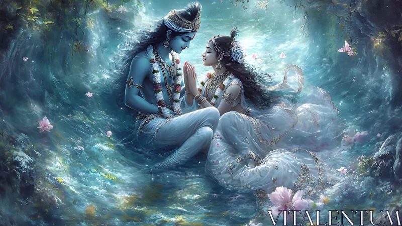 Divine blue lovers float through luminous lotus river.