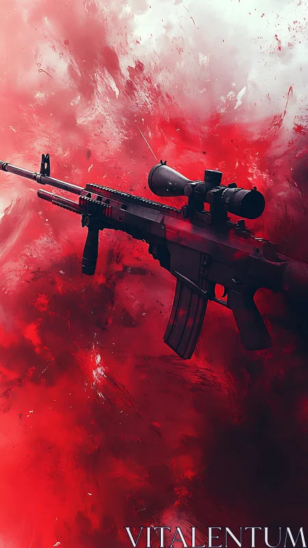 Tactical rifle with red ink splatter effect.