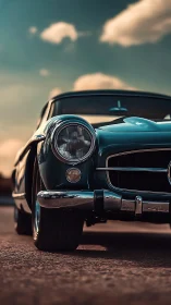 Sunset prowl of a teal vintage coupe in gleaming chrome glory.