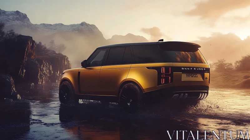 Golden SUV traverses reflective riverbed under volumetric sunset lighting