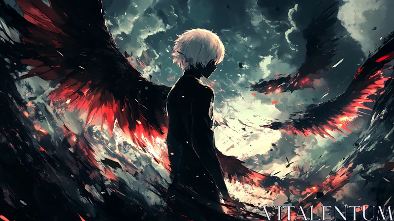 Winged duskwalker amid shattering stormfire skies.