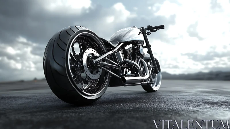 Custom chrome motorcycle on wet asphalt under cloudy sky.