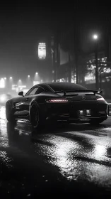 Sleek sports car glides through a rainy neon city night