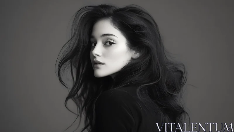 Softly lit monochrome portrait with flowing dark hair.