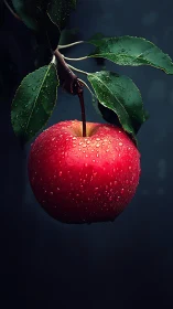 Macro study of dew-laden red apple under controlled lighting.