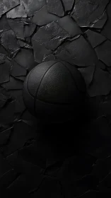 Monochrome basketball rests on irregular dark stone surface