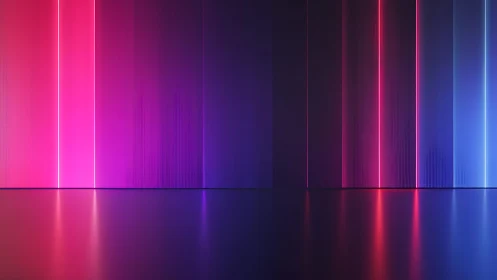 Vibrant neon vertical light stripes on reflective floor, digital art.