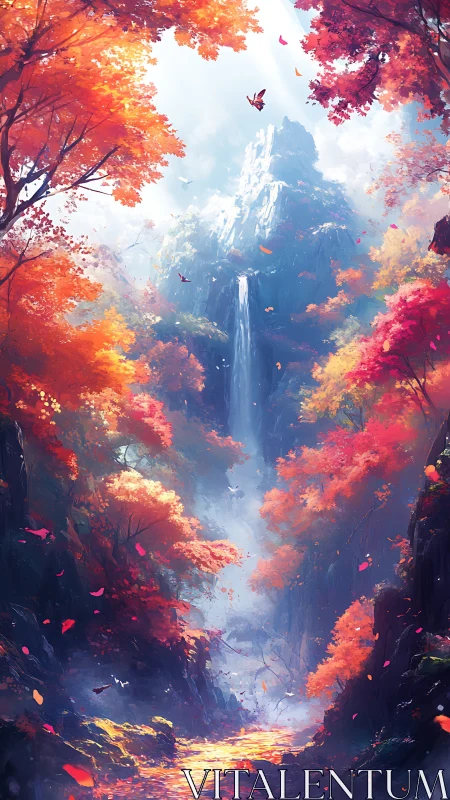 Autumn canyon unfolds beneath luminous waterfall and peak.