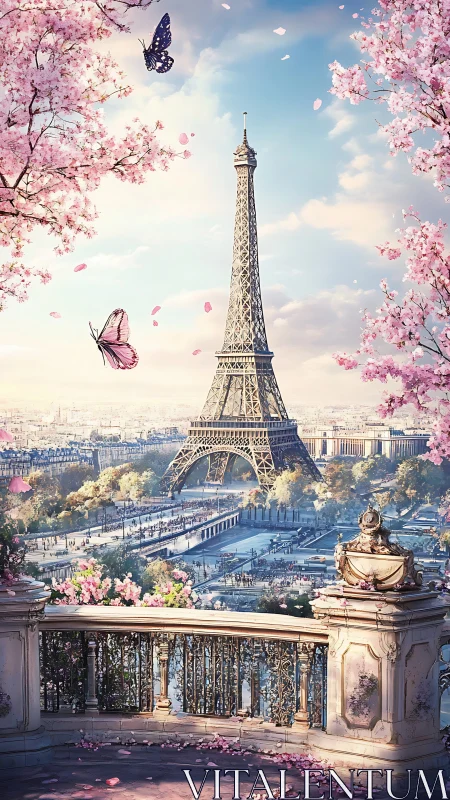 Rendered Eiffel Tower view framed by blossoms and terrace