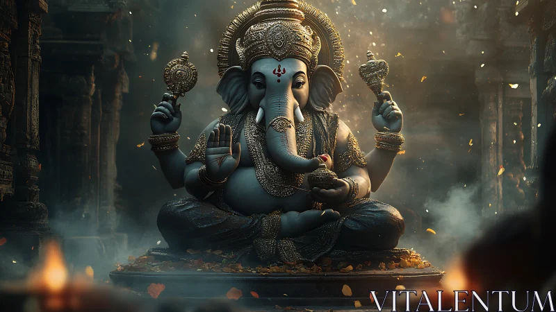 Lord Ganesha statue glows in misty temple ambience at dusk.