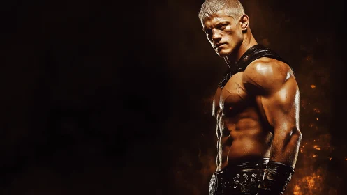 Battle-scarred warrior in molten cinematic backlight.