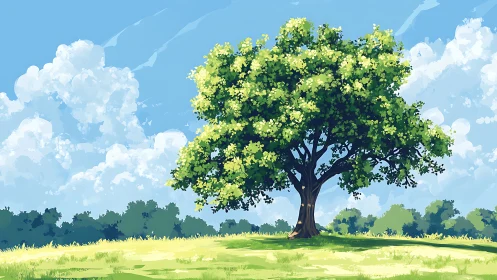Lush Green Tree on Sunny Meadow in Vibrant Digital Art Style.