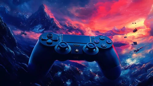 Floating game controller dominates neon cosmic battlefield sky