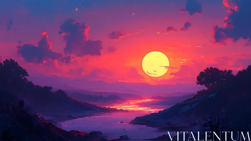 Neon river sunset melts into a candy-bright horizon glow.