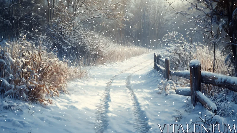 Snow-covered woodland path with rustic fence in winter.