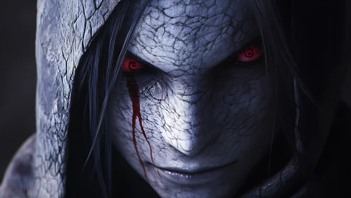 Demonic hooded portrait renders cracked skin and glowing eyes