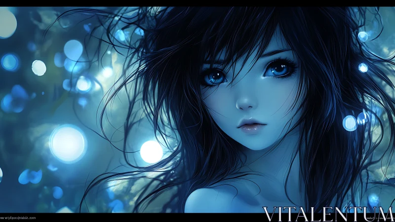 Blue-lit anime portrait with bokeh and intricate hair rendering
