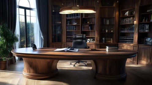 Executive office desk dominates wood paneled private library